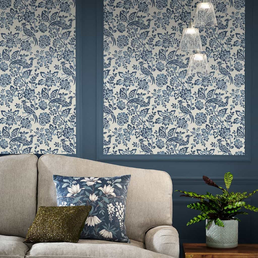 121067 - Laura Ashley - Laura Ashley Adain Palace Dark Seaspray Blue Wallpaper - Decor Warehouse