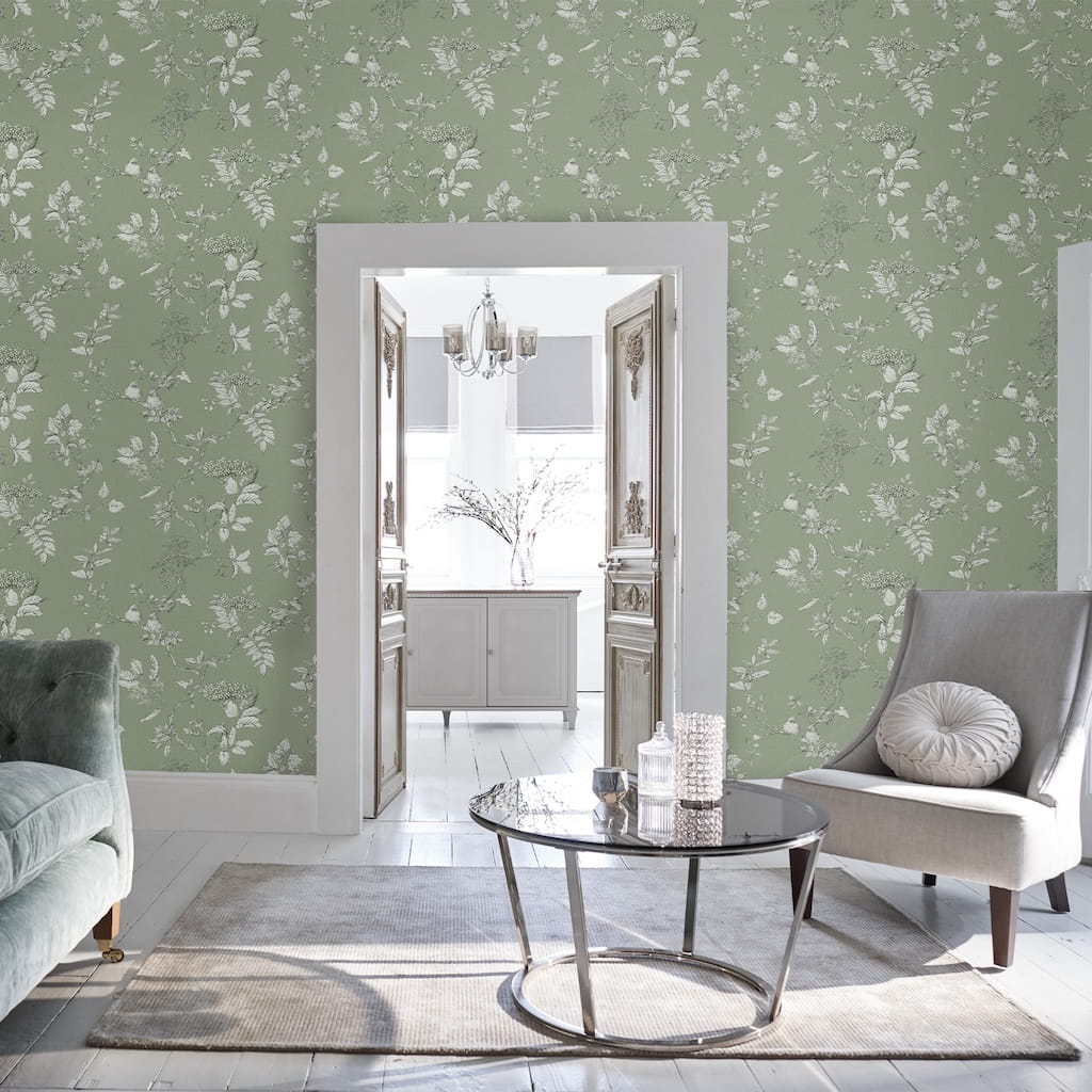 113348 - Laura Ashley - Laura Ashley Elderwood Sage Wallpaper - Decor Warehouse