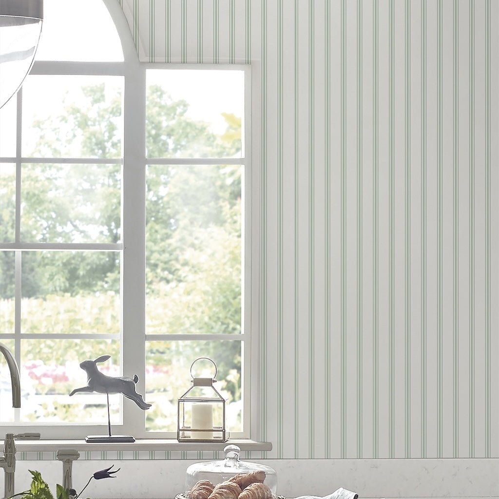 118483 - Laura Ashley - Laura Ashley Farnworth Stripe Sage Green Wallpaper - Decor Warehouse