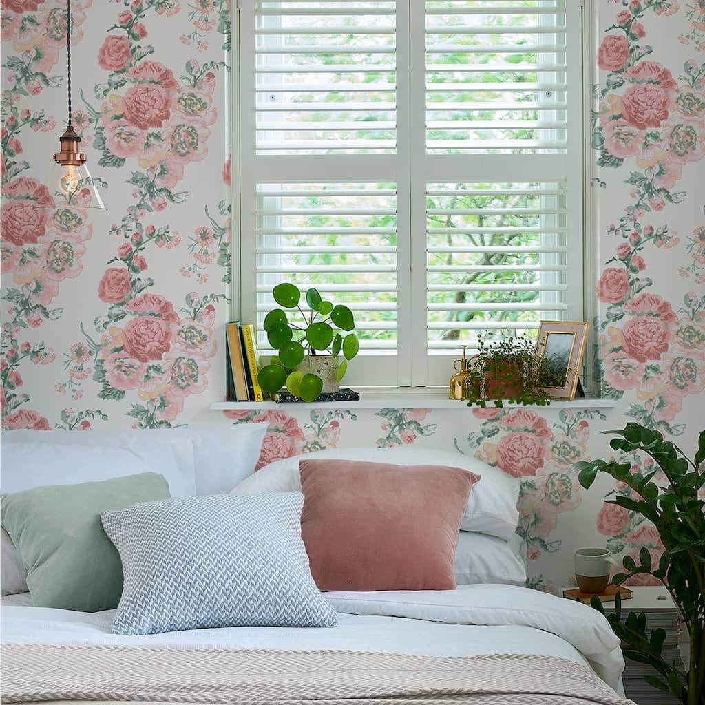 118479 - Laura Ashley - Laura Ashley Hollyhocks Pink Wallpaper - Decor Warehouse