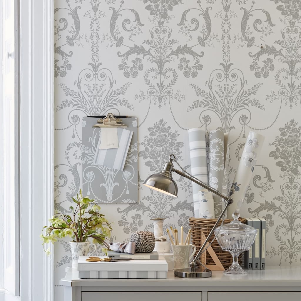 113385 - Laura Ashley - Laura Ashley Josette Dove Grey and White Wallpaper - Decor Warehouse