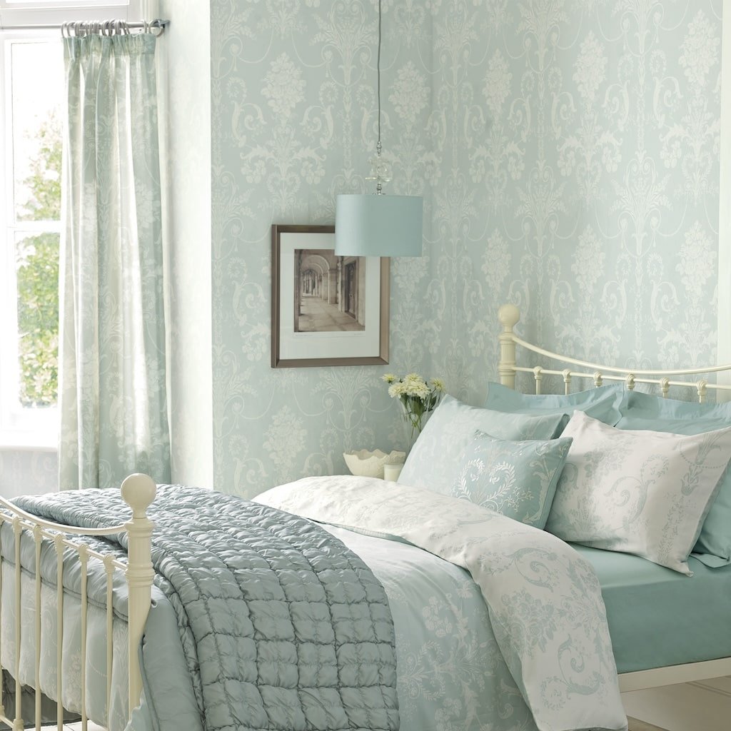 113380 - Laura Ashley - Laura Ashley Josette Duck Egg Wallpaper - Decor Warehouse