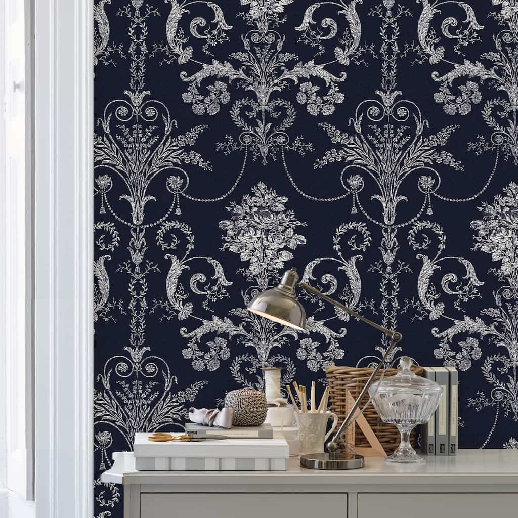 113386 - Laura Ashley - Laura Ashley Josette Midnight Wallpaper - Decor Warehouse