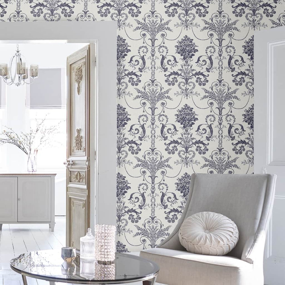 113387 - Laura Ashley - Laura Ashley Josette Off White and Midnight Wallpaper - Decor Warehouse