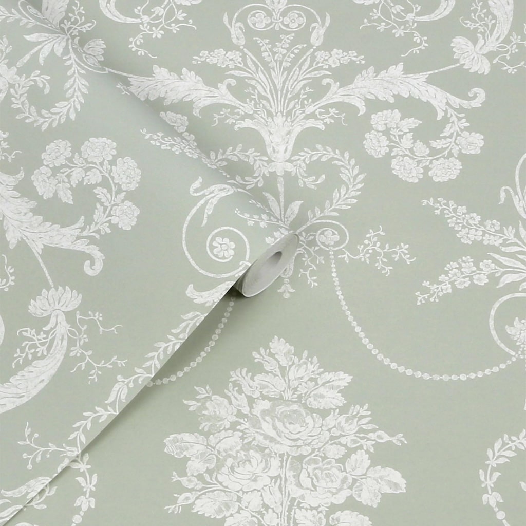 130114 - Laura Ashley - Laura Ashley Josette Sage Green Wallpaper - Decor Warehouse