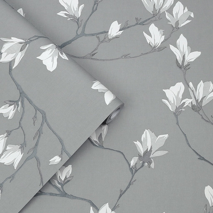 113354 - Laura Ashley - Laura Ashley Magnolia Grove Slate Wallpaper - Decor Warehouse