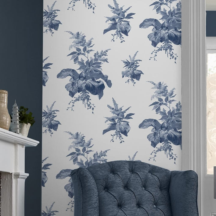 119851 - Laura Ashley - Laura Ashley Naberth Midnight Seaspray Blue Wallpaper - Decor Warehouse