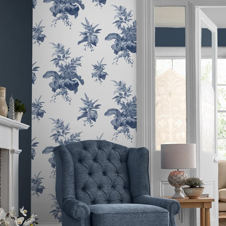 119851 - Laura Ashley - Laura Ashley Naberth Midnight Seaspray Blue Wallpaper - Decor Warehouse