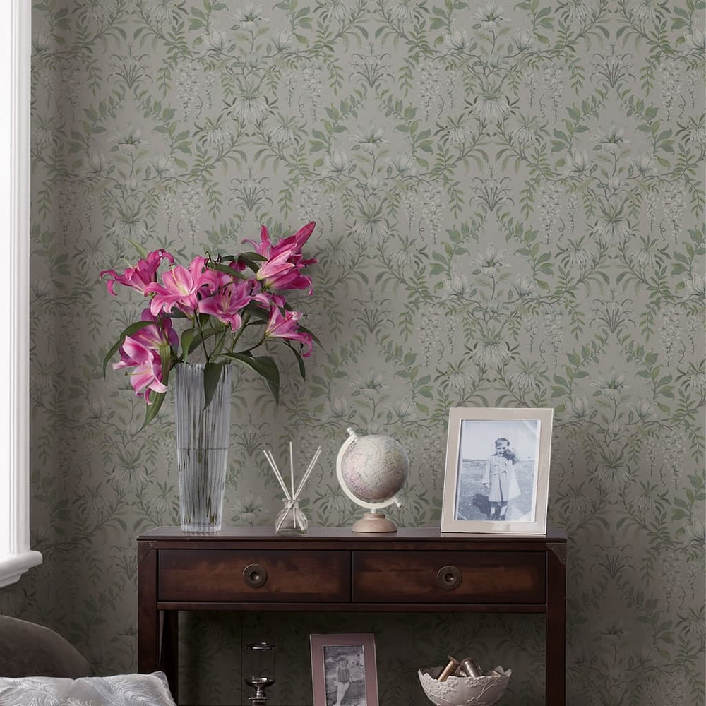 113406 - Laura Ashley - Laura Ashley Parterre Sage Wallpaper - Decor Warehouse