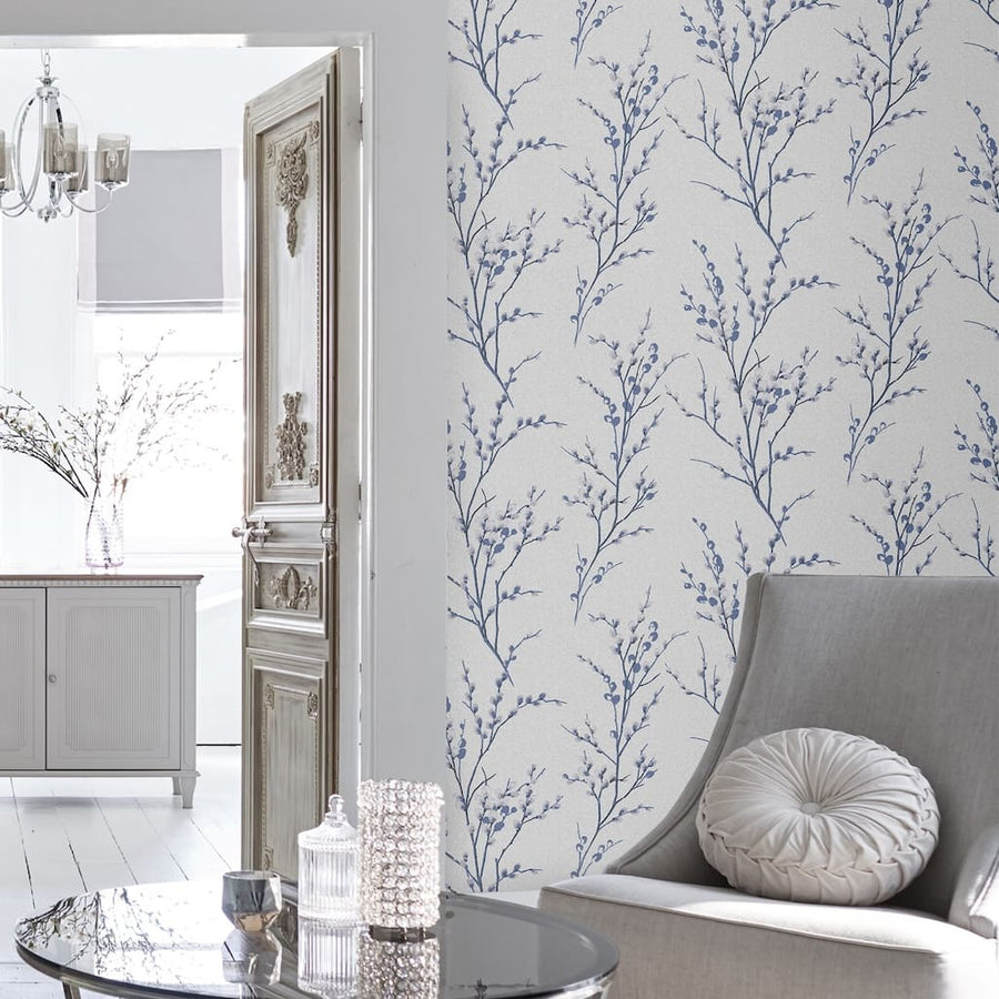 113360 - Laura Ashley - Laura Ashley Pussy Willow Off White and Midnight Wallpaper - Decor Warehouse