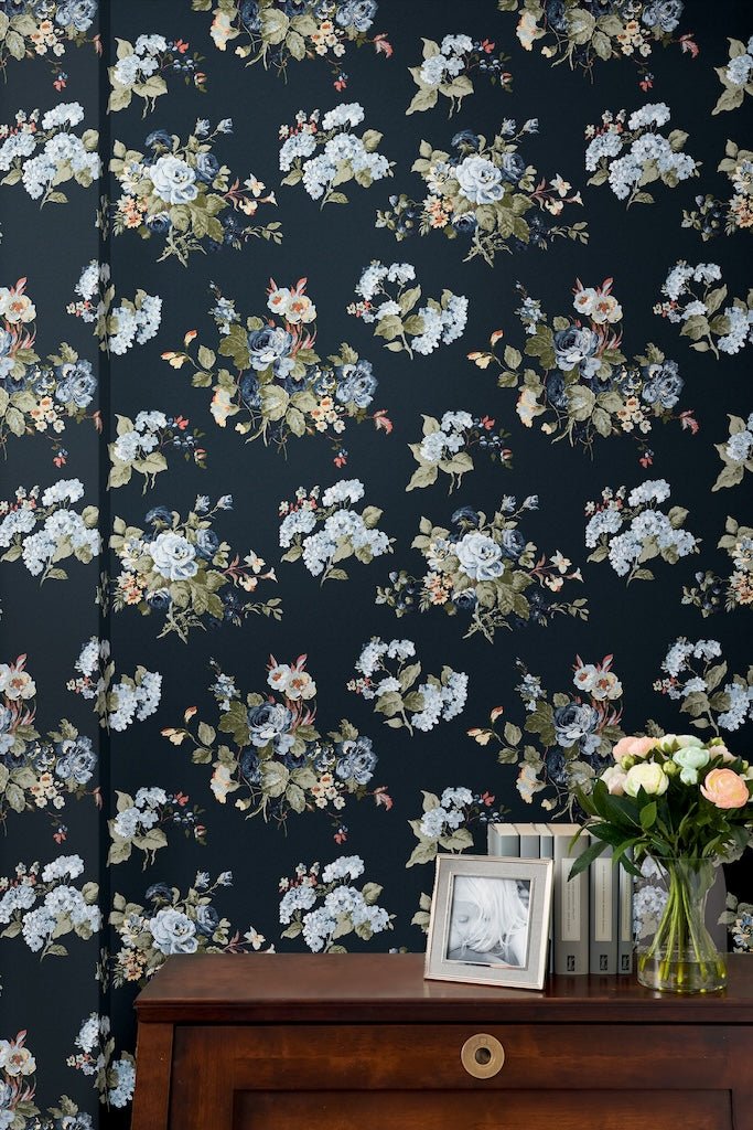 114898 - Laura Ashley - Laura Ashley Rosemore Midnight Seaspray Wallpaper - Decor Warehouse