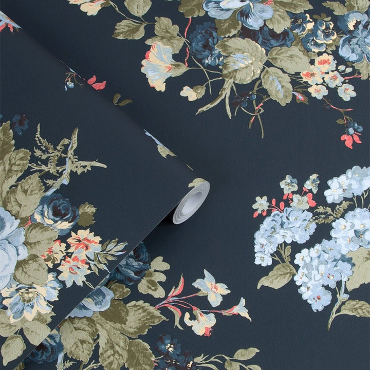 114898 - Laura Ashley - Laura Ashley Rosemore Midnight Seaspray Wallpaper - Decor Warehouse