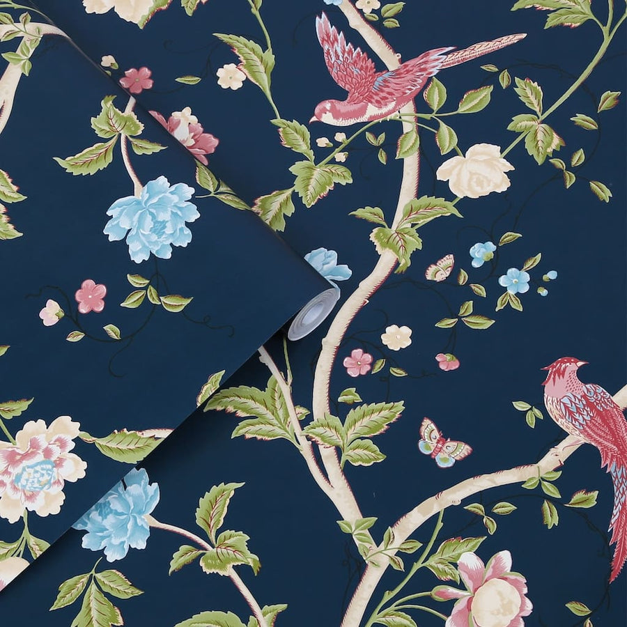 120134 - Laura Ashley - Laura Ashley Summer Palace Midnight Blue Wallpaper - Decor Warehouse