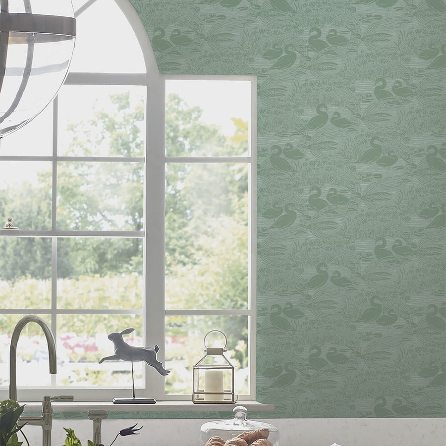 118472 - Laura Ashley - Laura Ashley Swans Jade Green Wallpaper - Decor Warehouse