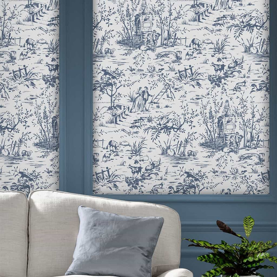 118494 - Laura Ashley - Laura Ashley Toile De Jouy Dark Seaspray Blue Wallpaper - Decor Warehouse