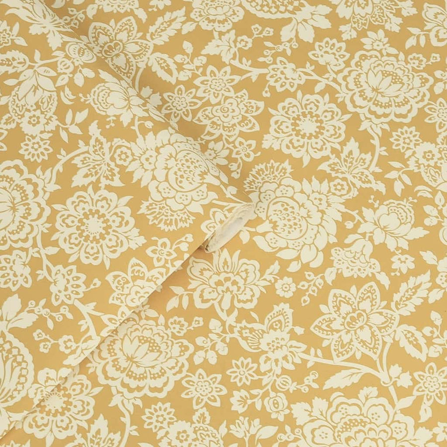 121072 - Laura Ashley - Laura Ashley Trailing Laurissa Pale Ochre Yellow Wallpaper - Decor Warehouse