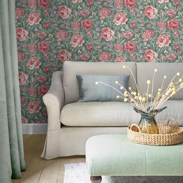 122754 - Laura Ashley - Laura Ashley Wild Roses Fern Green Wallpaper - Decor Warehouse