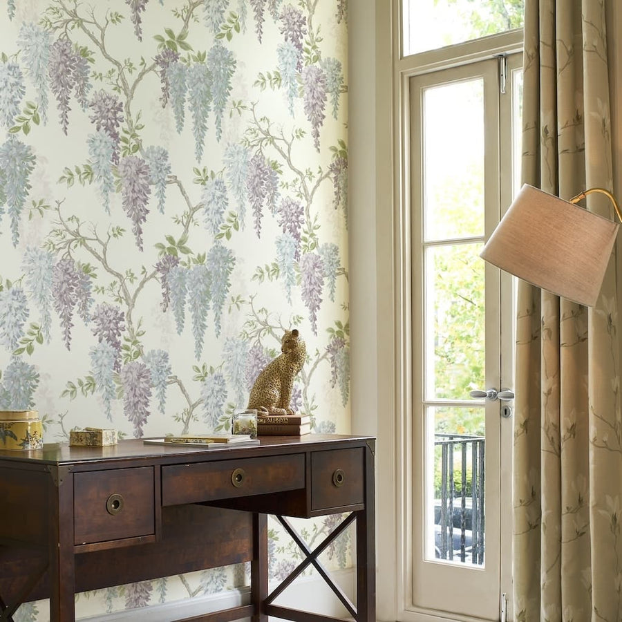 113356 - Laura Ashley - Laura Ashley Wisteria Gardens Pale Iris Wallpaper - Decor Warehouse