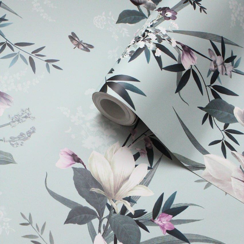 144050-Muriva-Lipsy Lotus Duck Egg Floral Wallpaper-Decor Warehouse