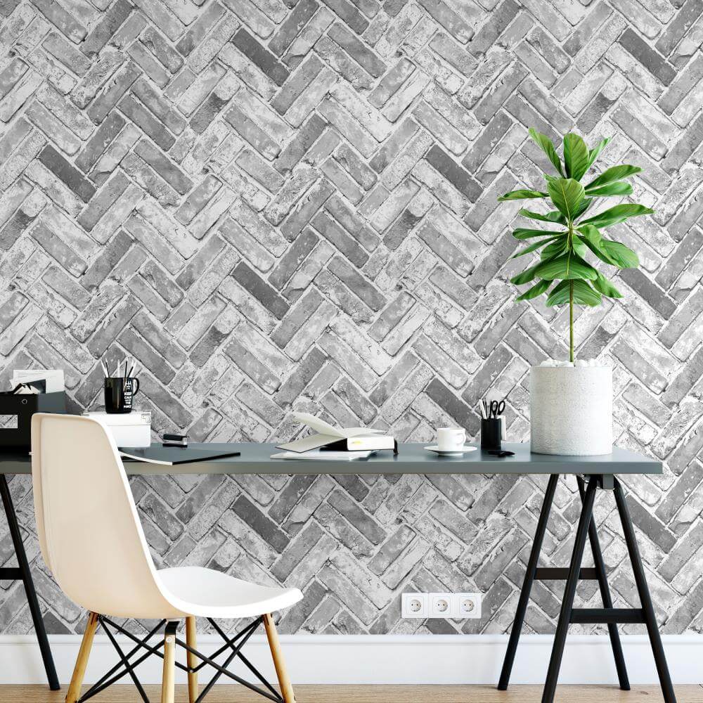 174502 - Muriva - Muriva Herringbone Brick Grey Wallpaper - Decor Warehouse