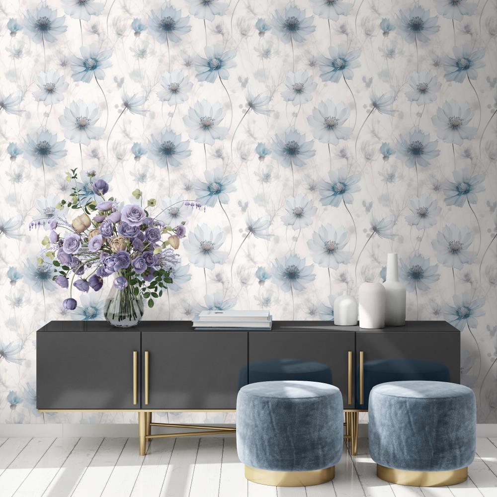 215502 - Muriva - Muriva Lissa Flower Blue Metallic Wallpaper - Decor Warehouse