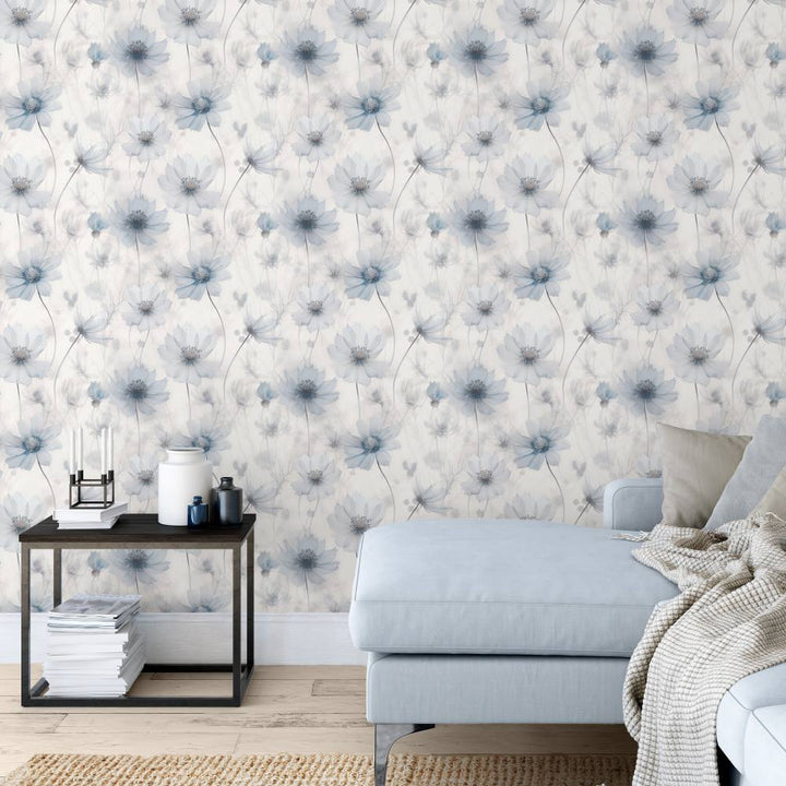 215502 - Muriva - Muriva Lissa Flower Blue Metallic Wallpaper - Decor Warehouse