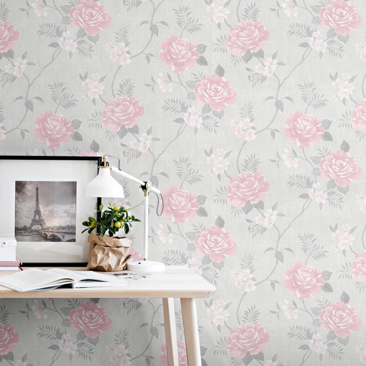 A69703 - Muriva - Muriva Rosalind Pink Blush Wallpaper - Decor Warehouse