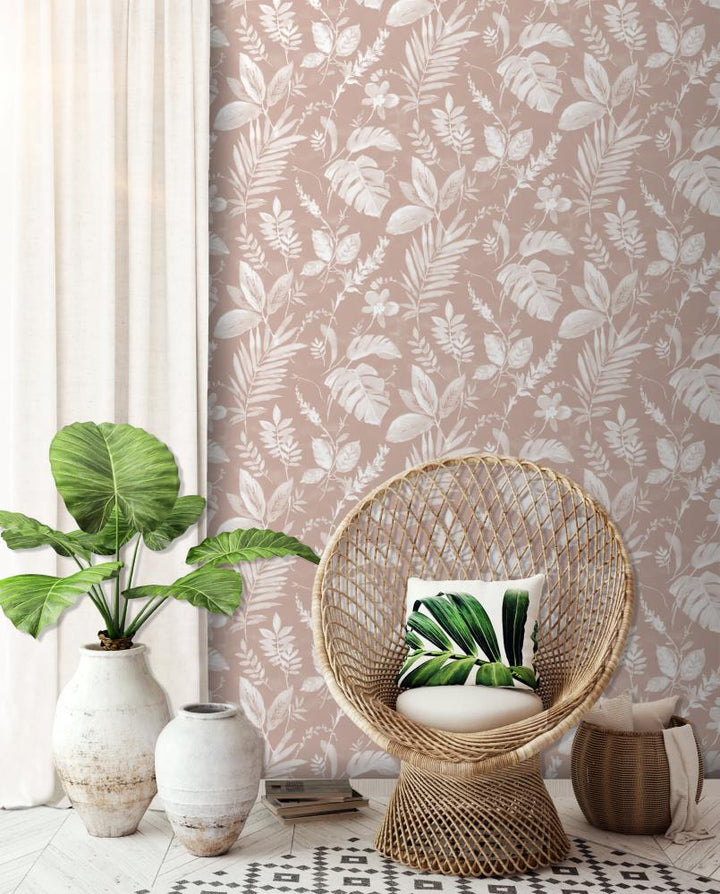 98903 - Muriva - Muriva Tane Leaf Blush Wallpaper - Decor Warehouse