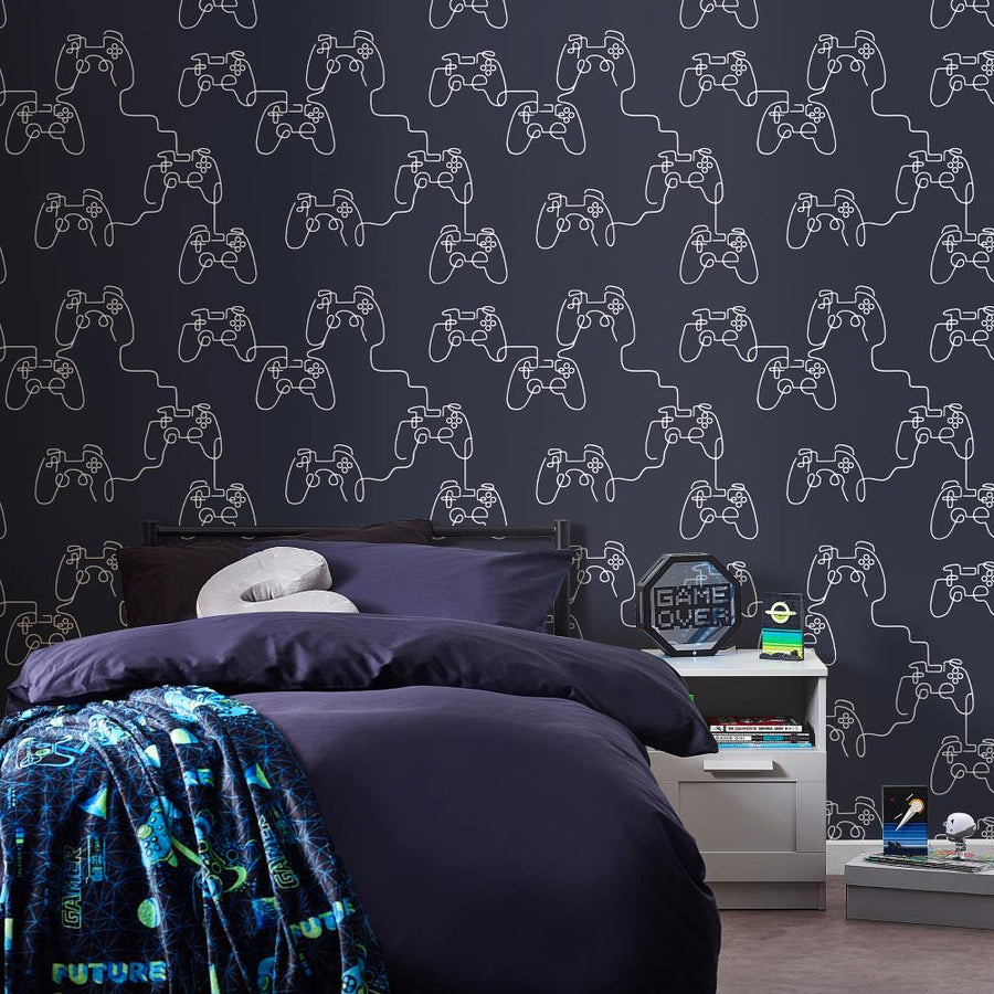 127712 - Next - Next Gamer Doodle Navy Wallpaper - Decor Warehouse