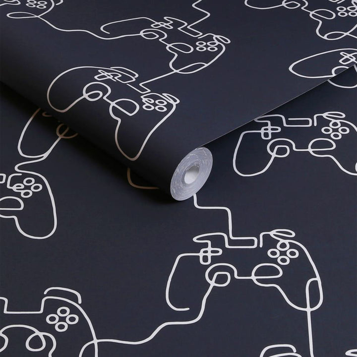 127712 - Next - Next Gamer Doodle Navy Wallpaper - Decor Warehouse