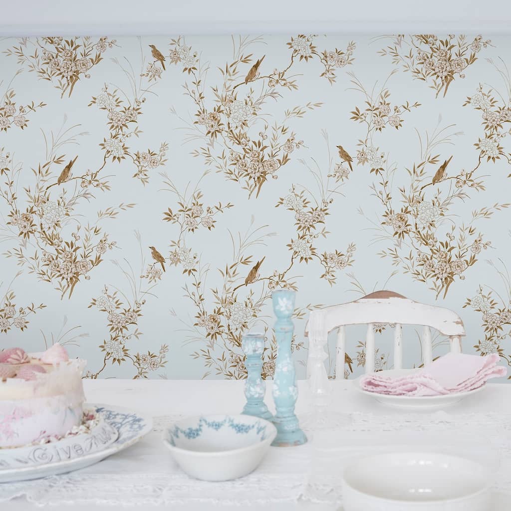 125121 - Shabby Chic by Rachel Ashwell - Shabby Chic by Rachel Ashwell Bird Chinoiserie Blue Gold Wallpaper - Decor Warehouse