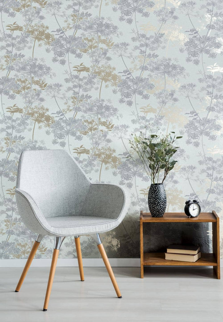 128148 - Superfresco - Superfresco Meadow Grey and Gold Botanical Wallpaper - Decor Warehouse