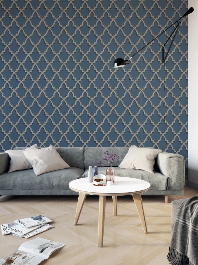 DE120027 - Decor Warehouse - Wallstitch Moroccan Trellis Dark Blue & Silver Wallpaper - Decor Warehouse