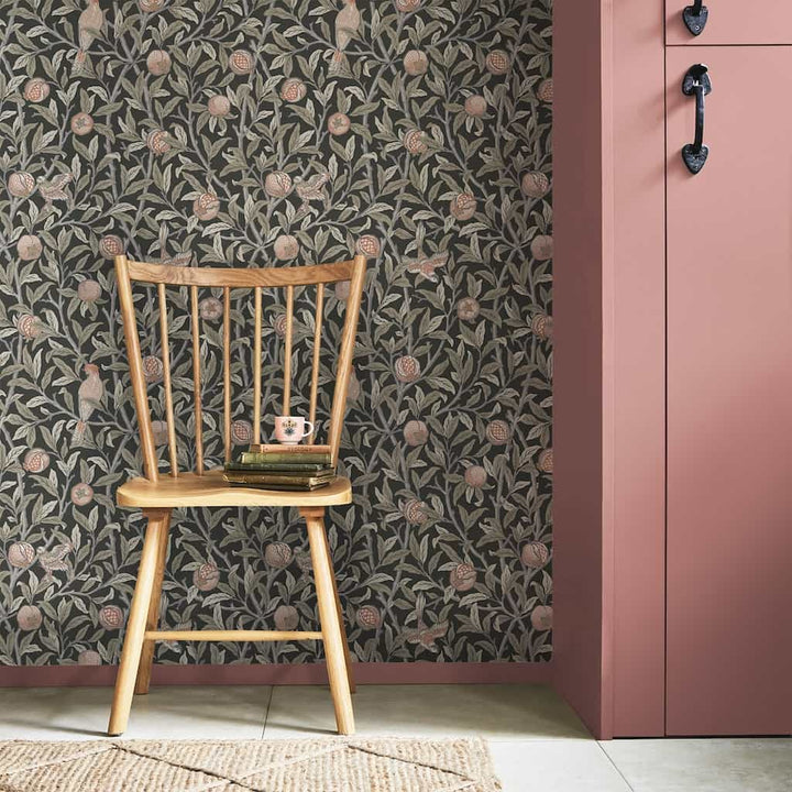 124258 - William Morris Wallpaper - William Morris At Home Bird & Pomegranate Charcoal Wallpaper - Decor Warehouse