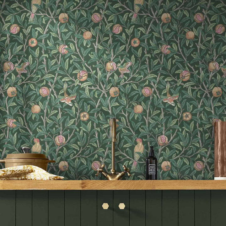 124260 - William Morris Wallpaper - William Morris At Home Bird & Pomegranate Deep Green Wallpaper - Decor Warehouse