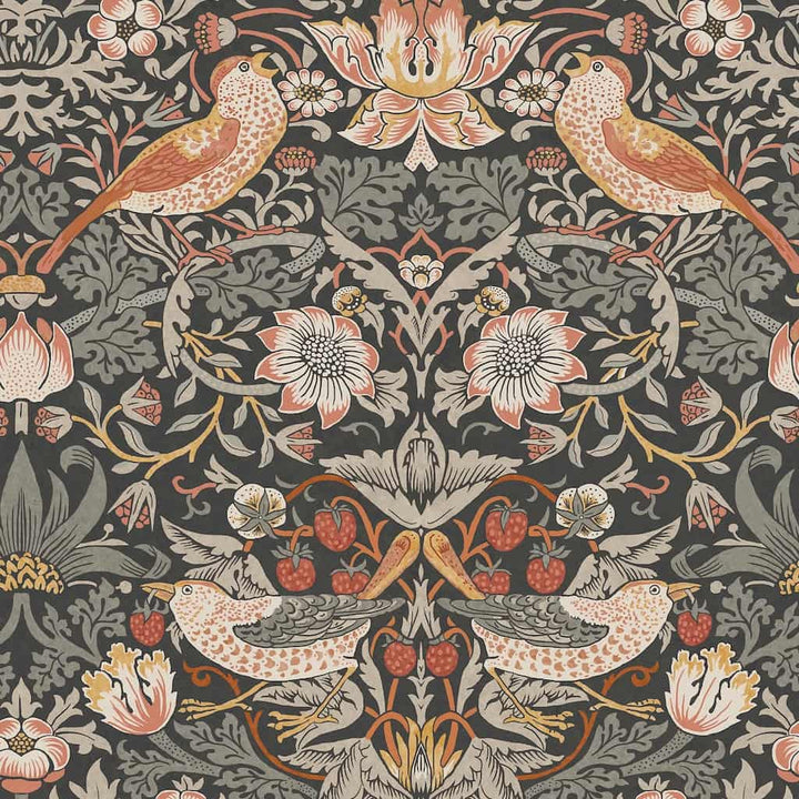 124230 - William Morris Wallpaper - William Morris At Home Strawberry Thief Charcoal Wallpaper - Decor Warehouse