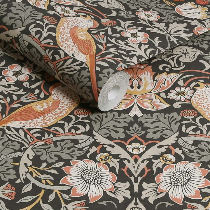 124230 - William Morris Wallpaper - William Morris At Home Strawberry Thief Charcoal Wallpaper - Decor Warehouse