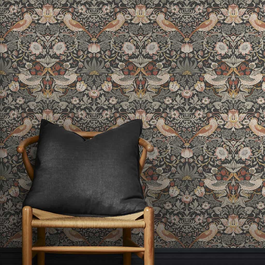 124230 - William Morris Wallpaper - William Morris At Home Strawberry Thief Charcoal Wallpaper - Decor Warehouse