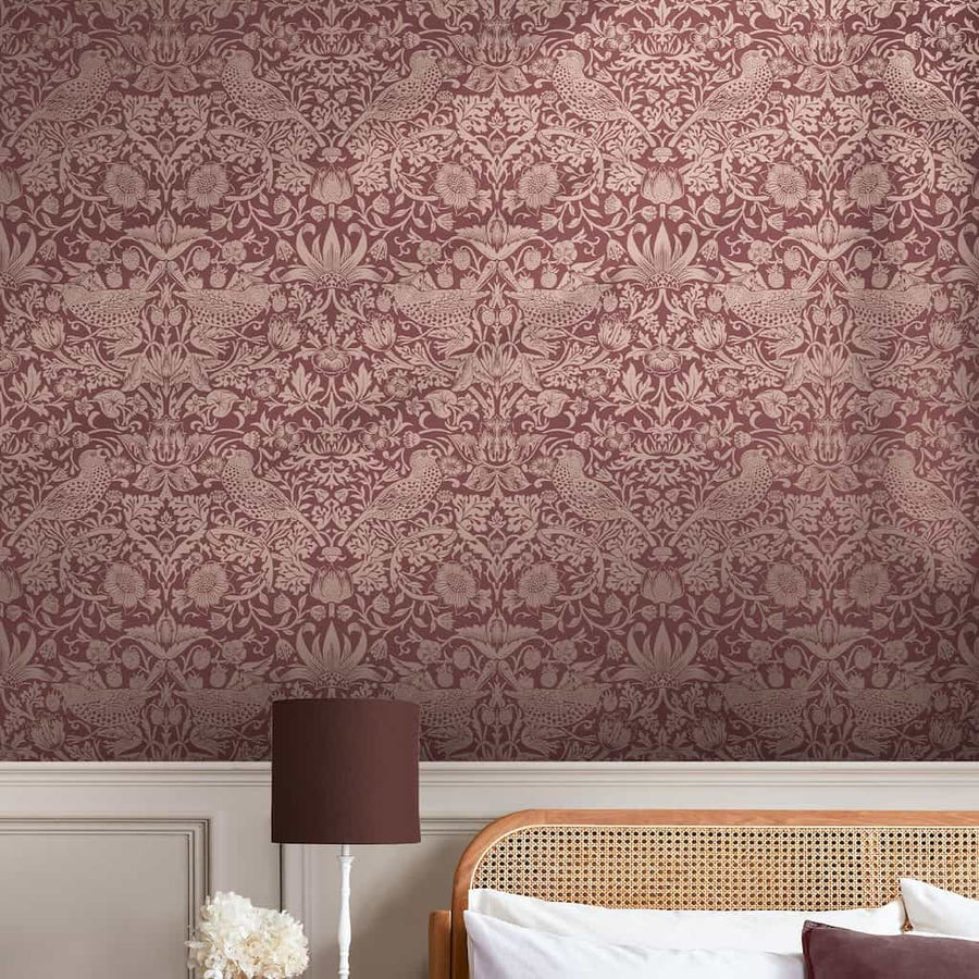 124235 - William Morris Wallpaper - William Morris At Home Strawberry Thief Fibrous Burgundy Wallpaper - Decor Warehouse