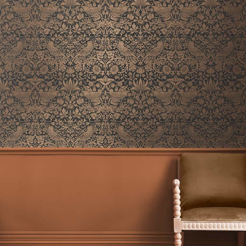 124236 - William Morris Wallpaper - William Morris At Home Strawberry Thief Fibrous Charcoal Wallpaper - Decor Warehouse