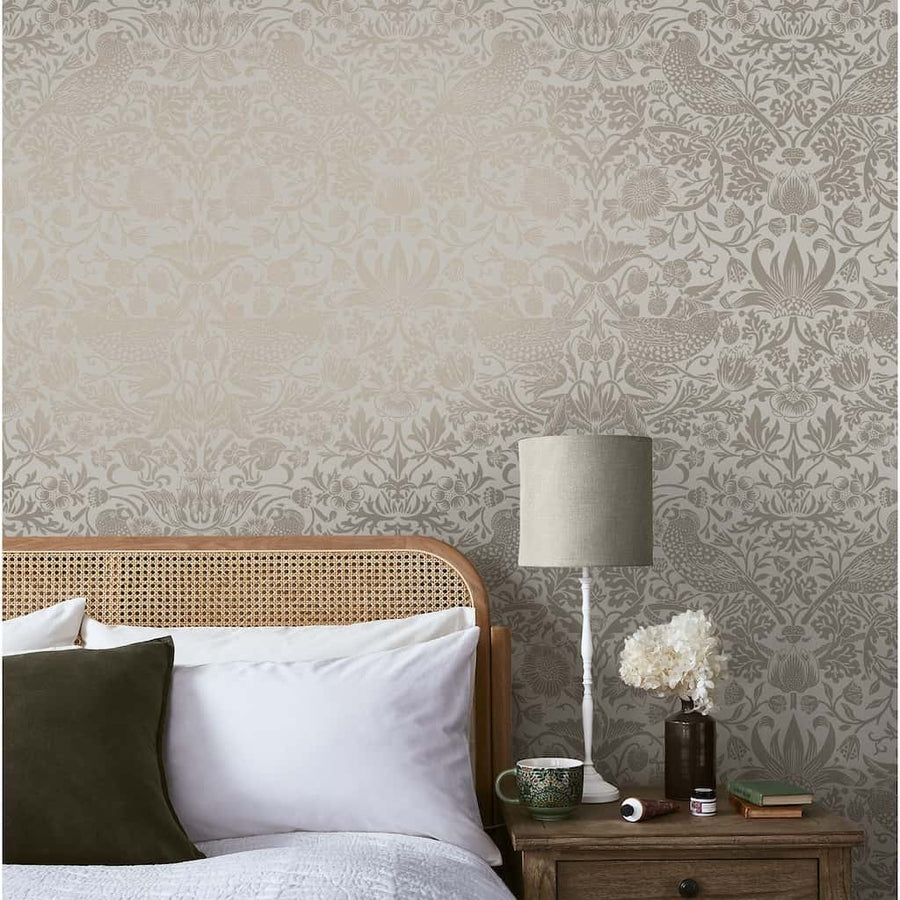 124238 - William Morris Wallpaper - William Morris At Home Strawberry Thief Fibrous Neutral Wallpaper - Decor Warehouse