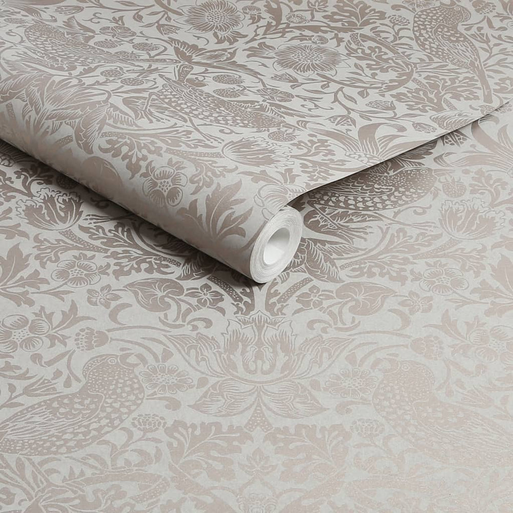 124238 - William Morris Wallpaper - William Morris At Home Strawberry Thief Fibrous Neutral Wallpaper - Decor Warehouse