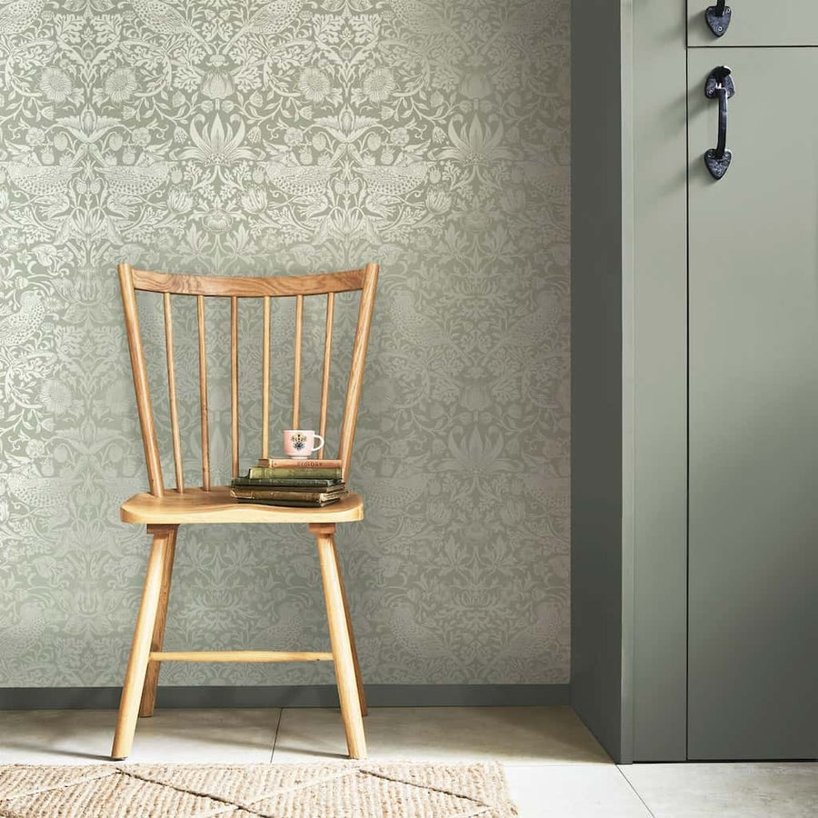 124237 - William Morris Wallpaper - William Morris At Home Strawberry Thief Fibrous Sage Wallpaper - Decor Warehouse