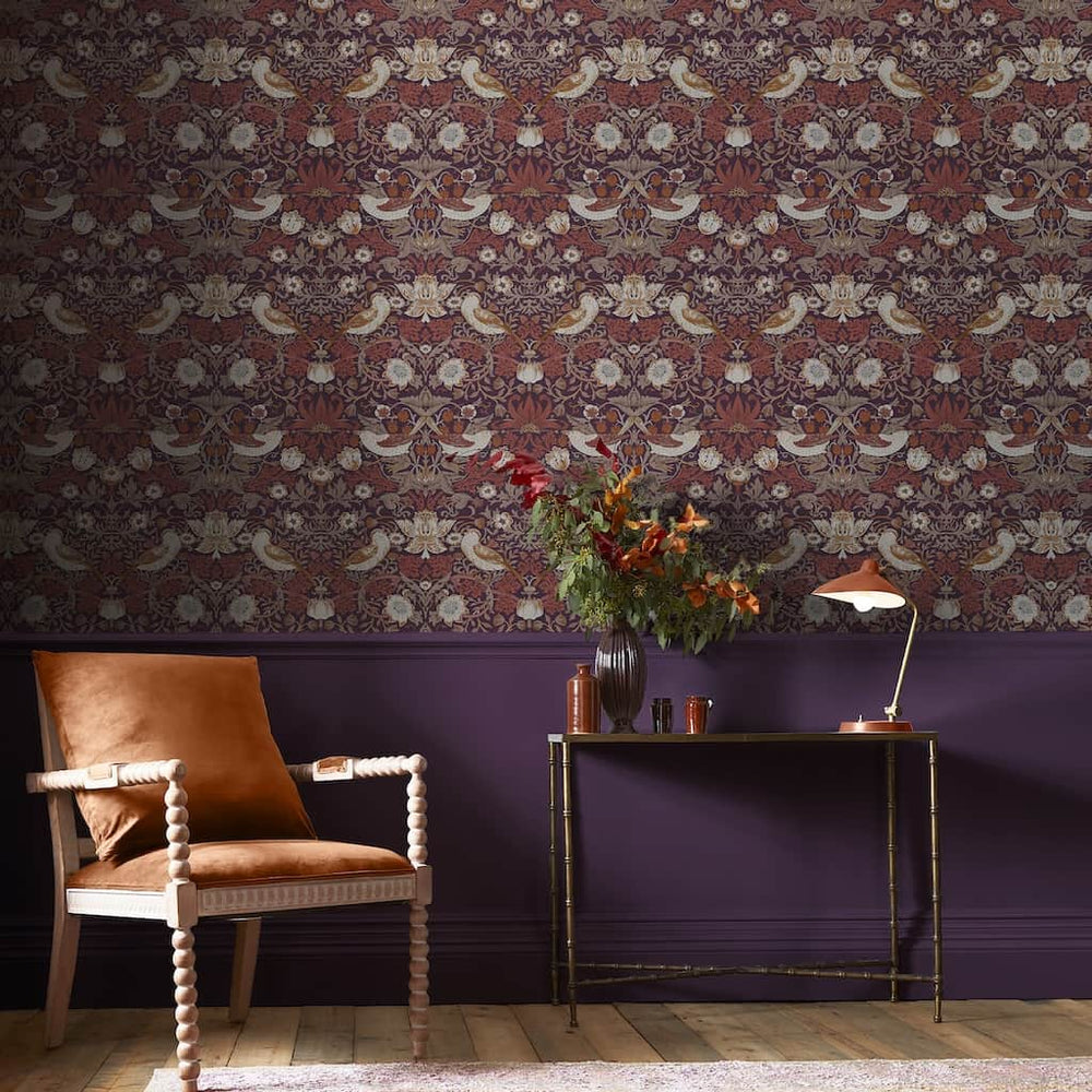 124229 - William Morris Wallpaper - William Morris At Home Strawberry Thief Plum Wallpaper - Decor Warehouse