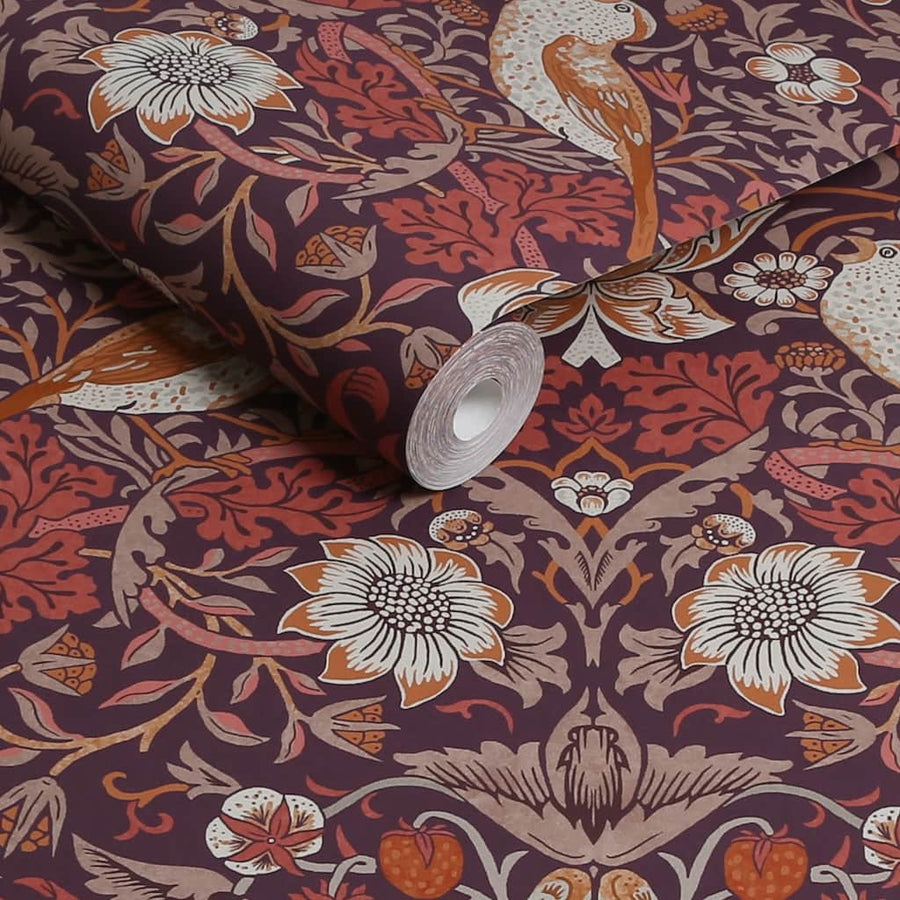 124229 - William Morris Wallpaper - William Morris At Home Strawberry Thief Plum Wallpaper - Decor Warehouse