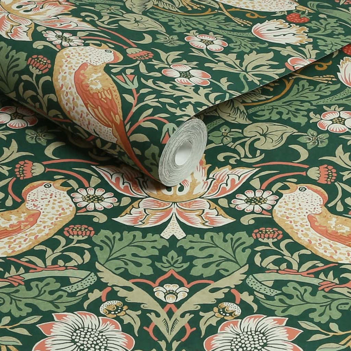 124234 - William Morris Wallpaper - William Morris At Home Strawberry Thief Rich Green Wallpaper - Decor Warehouse