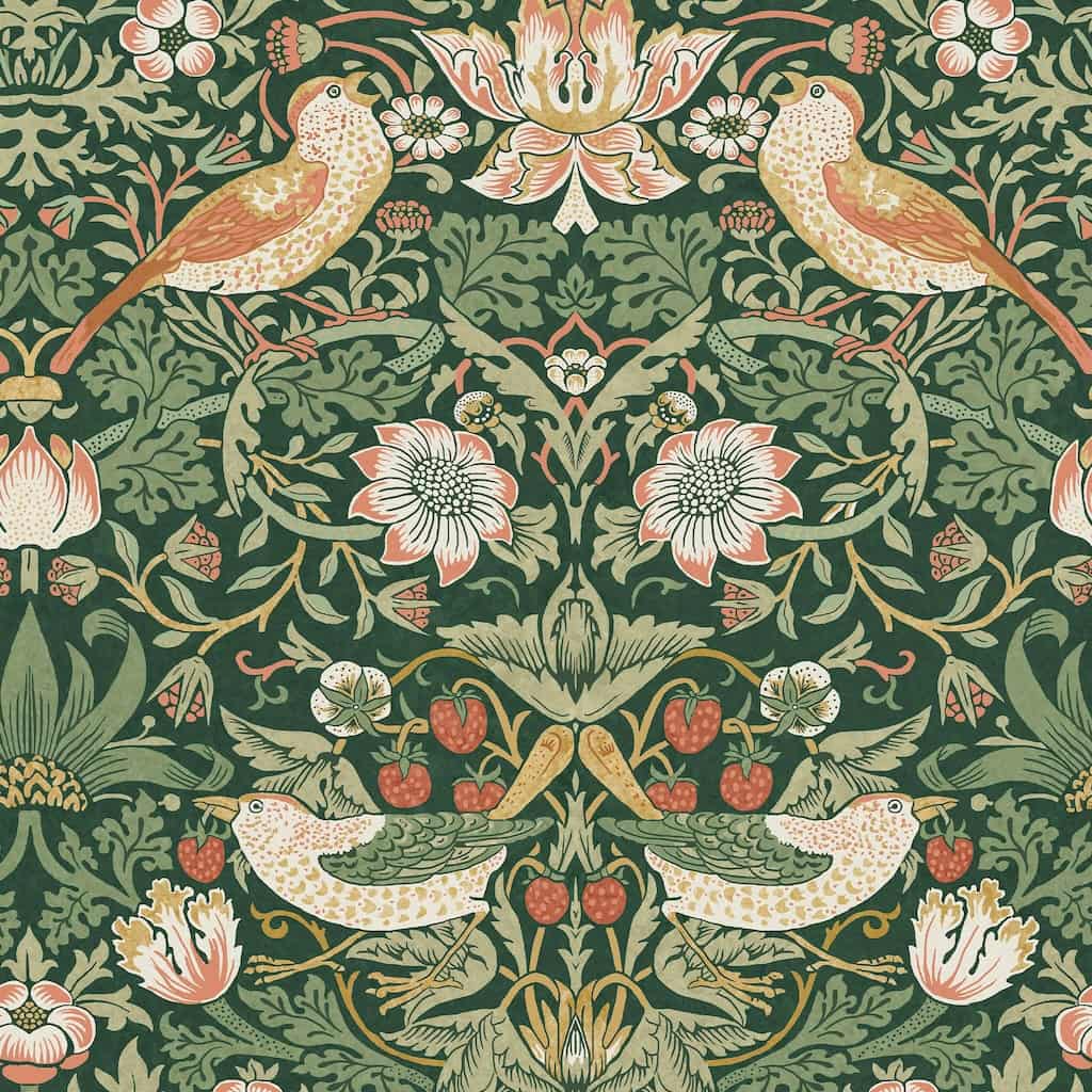 124234 - William Morris Wallpaper - William Morris At Home Strawberry Thief Rich Green Wallpaper - Decor Warehouse