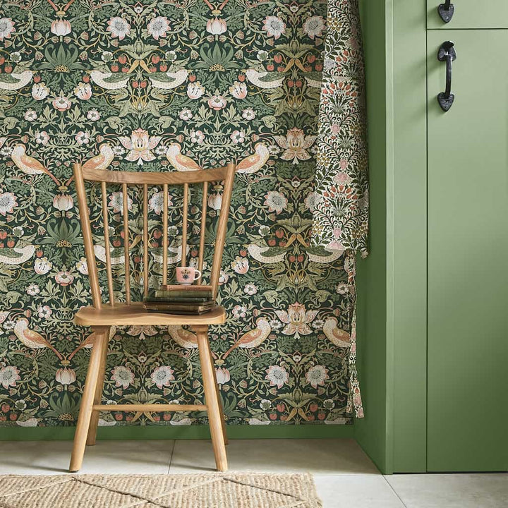 124234 - William Morris Wallpaper - William Morris At Home Strawberry Thief Rich Green Wallpaper - Decor Warehouse