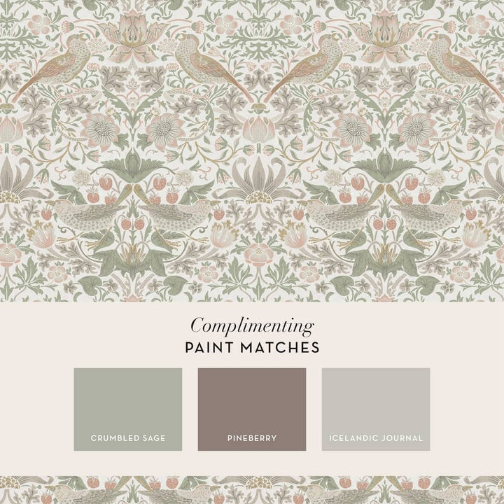 124233 - William Morris Wallpaper - William Morris At Home Strawberry Thief Sage & Pink Wallpaper - Decor Warehouse