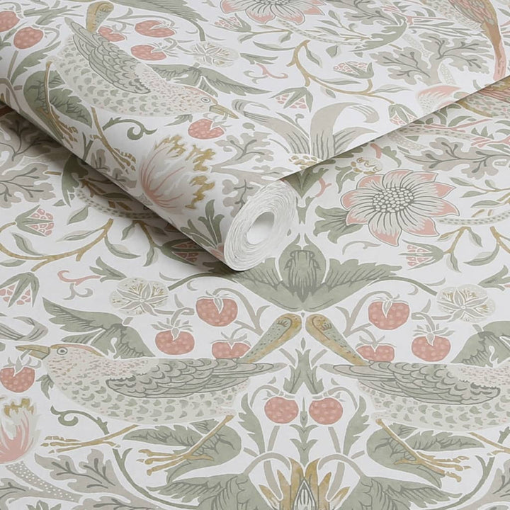 124233 - William Morris Wallpaper - William Morris At Home Strawberry Thief Sage & Pink Wallpaper - Decor Warehouse